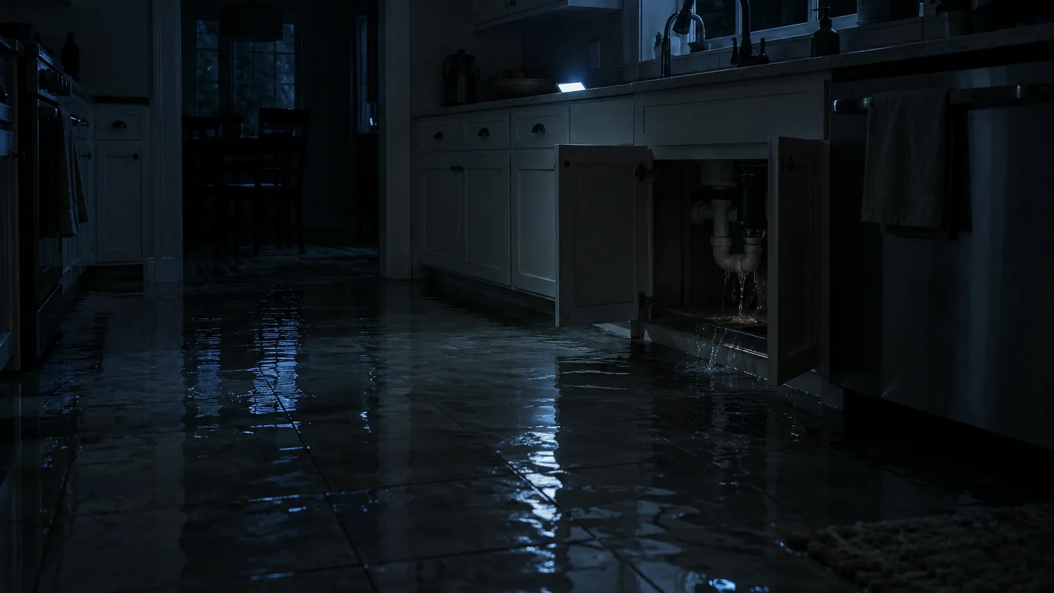 A kitchen at two in the morning, water across the floor holding the glow of a phone.