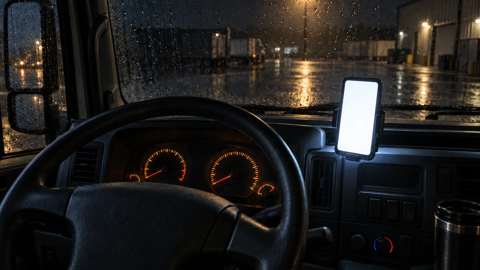 The dash of a work truck at night with a phone lighting up on it.