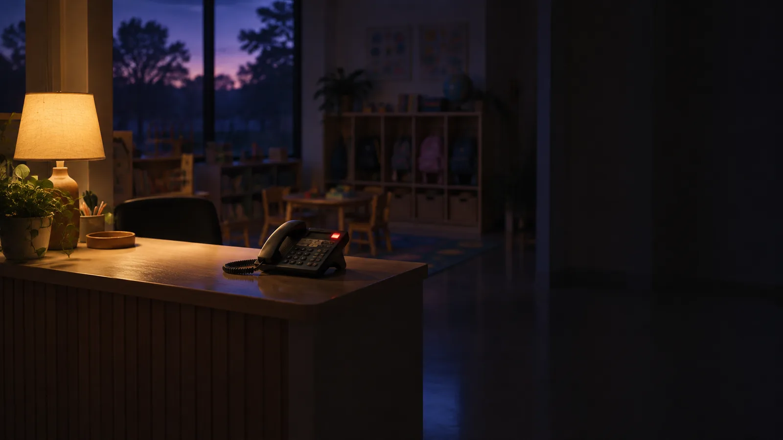 An empty preschool front desk at dusk, lit by the glow of a ringing phone.