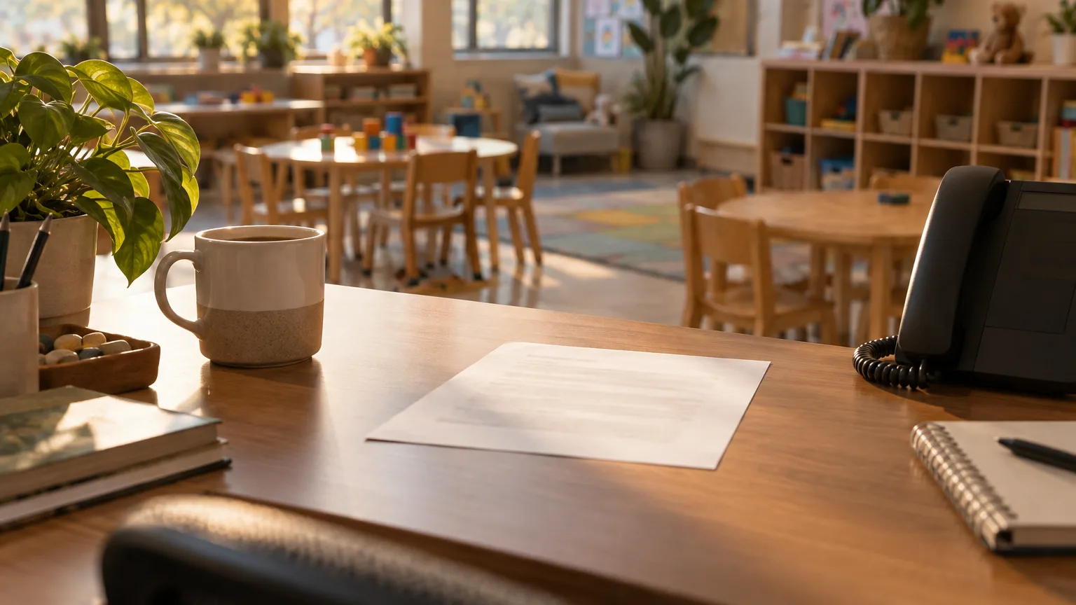 A director's desk at seven in the morning with the printed brief on it.